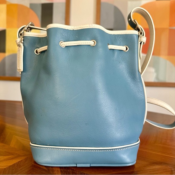 COACH blue & white leather mini drawstring bucket crossbody shoulder bag - Picture 7 of 8